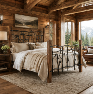 A rustic bedroom featuring a bed with a black wrought-iron leaf-style headboard and footboard, dressed in beige and white linens. The room has warm wood-paneled walls, wooden ceiling beams, a large landscape painting, and large windows looking out to a forest and mountains.