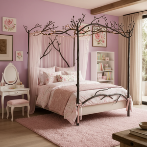 A pink and white canopy bed with a black branch-style metal frame, styled in a cozy bedroom with lavender walls, a pink rug, a white vanity, and floral wall art.