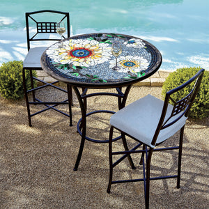 Outdoor bar-height dining set with a Floral Mosaic table top and two bar stools with light gray cushions.