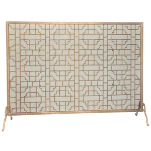 Decorative metal screen with intricate lattice design on a white background