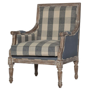 A classic-style armchair with a distressed brown wood frame and a blue-and-beige buffalo plaid upholstered fabric, shown on a white background with a model number overlay.