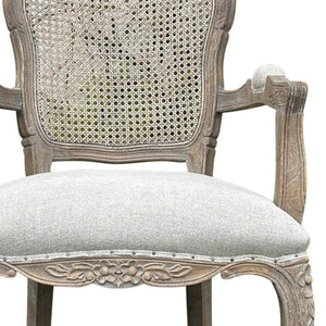 An ornate French-style dining chair with a distressed gray wood frame, woven cane backrest, and light beige upholstered seat cushion, shown on a white background with a model number text overlay at the bottom.