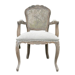An ornate French-style dining chair with a distressed gray wood frame, woven cane backrest, and light beige upholstered seat cushion, shown on a white background with a model number text overlay at the bottom.