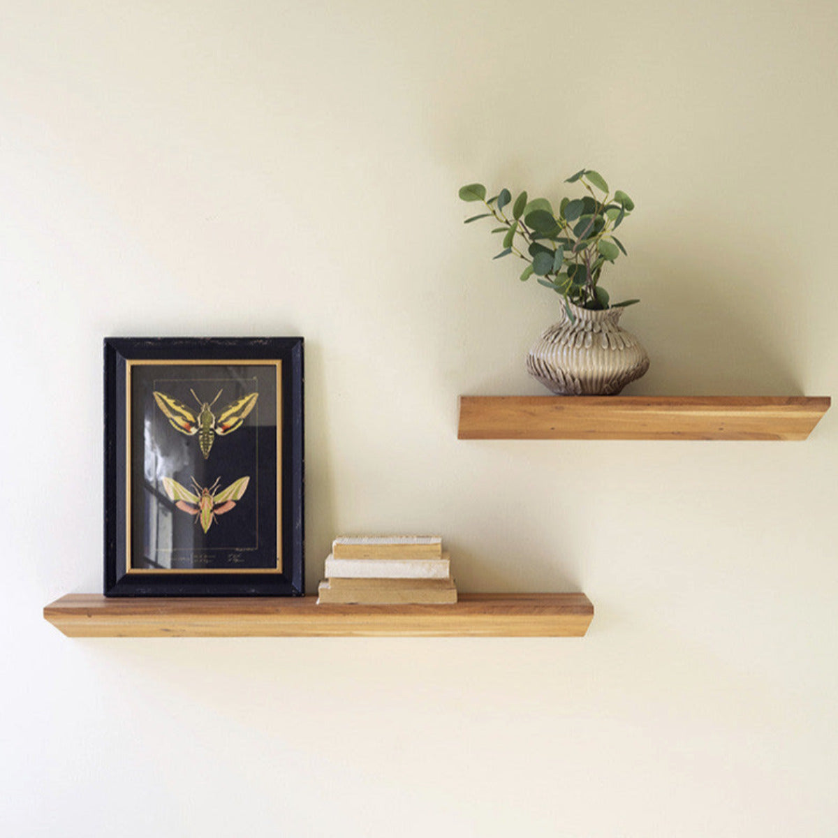 Set of 2 Floating Acacia Wood Shelves - Up, up, and away. These acacia wood shelves float on the walls. This set of two is perfect for displaying small treasures or necessities in a small space. -     Large: 36" x 8" x 3"t     Small: 24" x 8" x 3"t