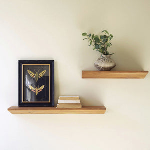 Set of 2 Floating Acacia Wood Shelves - Up, up, and away. These acacia wood shelves float on the walls. This set of two is perfect for displaying small treasures or necessities in a small space. - Large: 36" x 8" x 3"t Small: 24" x 8" x 3"t