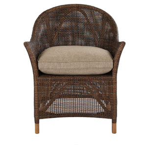 A brown woven wicker armchair with a curved backrest and a light beige cushion, shown against a plain white background with a product code and dimensions printed below.
