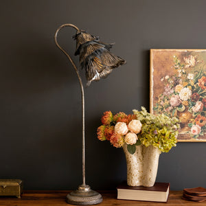 Blossom Shade Rustic Metal Table Lamp styled with fresh flowers