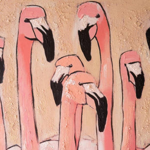 Detail of textured painted flamingo heads in blush pink