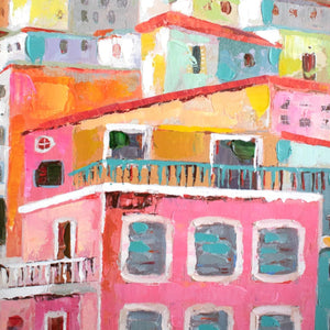 Textured brushstrokes on the coastal houses painting