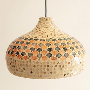 Blue and orange capiz bamboo dome pendant on a white background