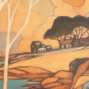 Close-up of textured amber hills and tree canopies