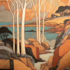 Detail of white-trunked trees and blue water in landscape painting