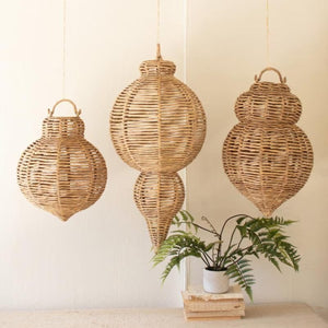 Haitian Seagrass Ornament Trio, set of 3 large woven seagrass and iron hanging ornaments