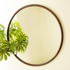 Minimalist Round Wood Wall Mirror styled with a potted plant