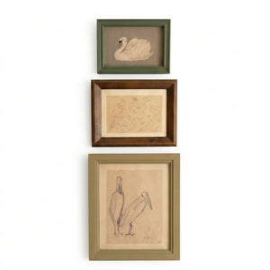 Three framed bird sketch prints in graduated sizes on a white background