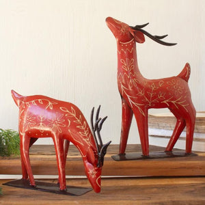 Nordic Folk Reindeer, set of 2 red hand-painted recycled metal reindeer