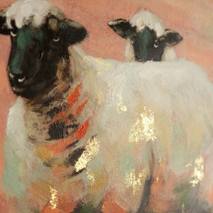 Close-up of the textured brushstrokes on the sheep painting