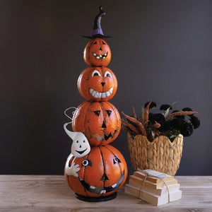 Stacked Jack-O-Lantern Halloween Candle Lantern, four painted metal pumpkins with witch hat and ghost