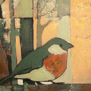 Close-up of painted songbird among textured abstract leaves