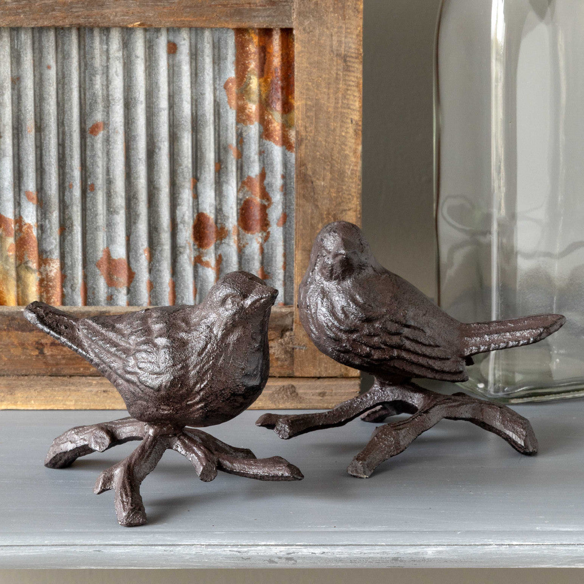 Perched Bird Statues (Pair)-Iron Accents
