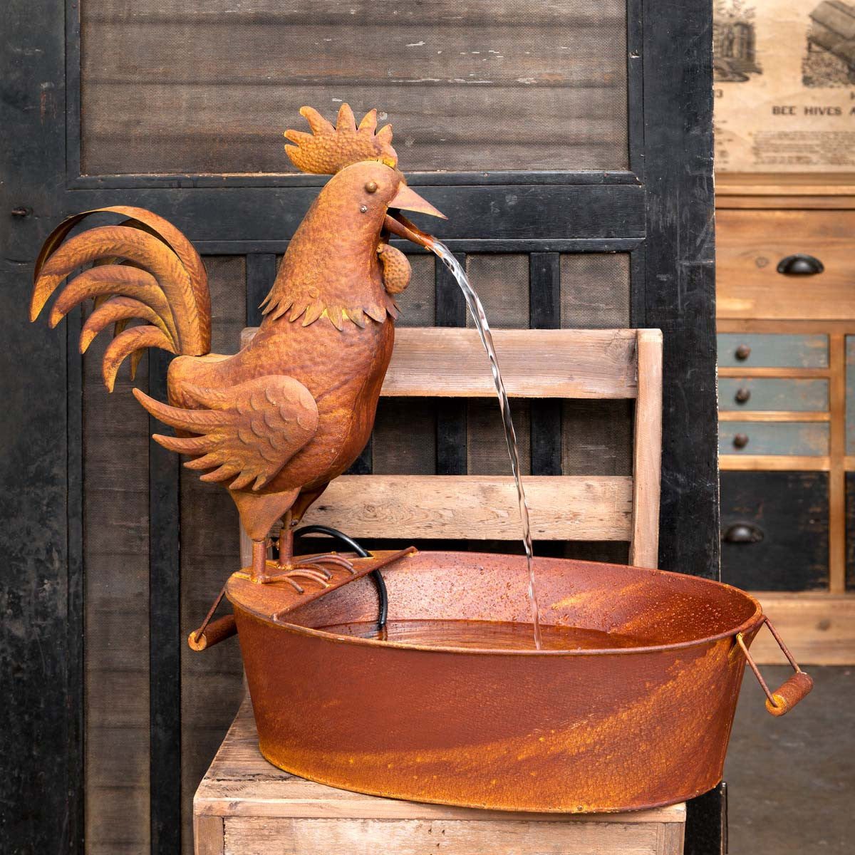 Metal Rooster Folk Art Fountain-Iron Accents