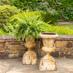 Aged Metal Entry Urn-Iron Accents