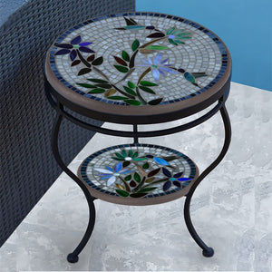 Royal Hummingbird Mosaic Side Table - Tiered-Iron Accents