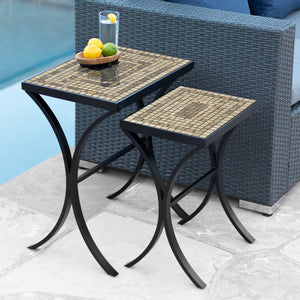 Marble Stone Mosaic Nesting Tables-Iron Accents