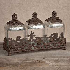 Glass Canisters -Bronze-Iron Accents