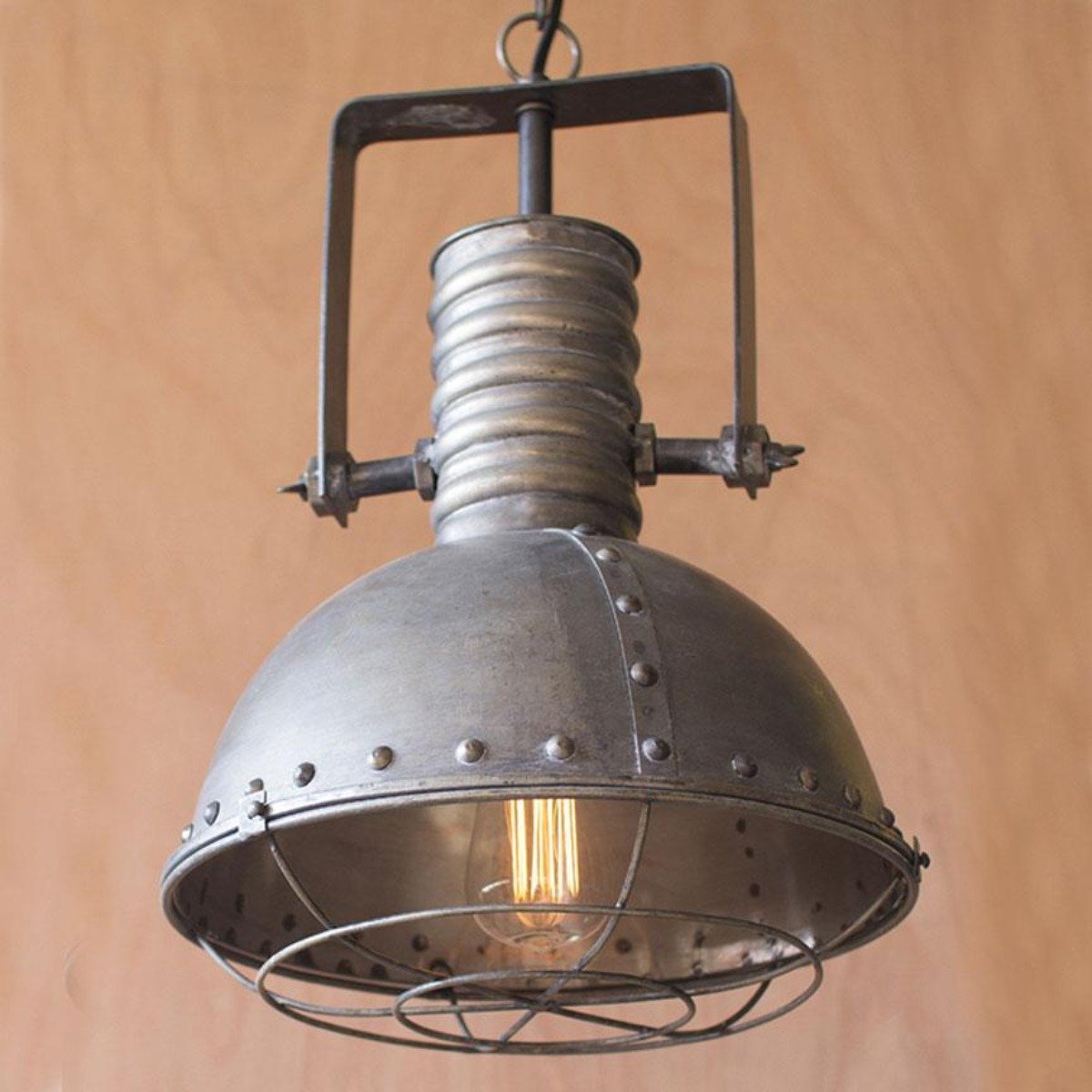 Large Metal Pendant w/ Cage-Lighting | Iron Accents