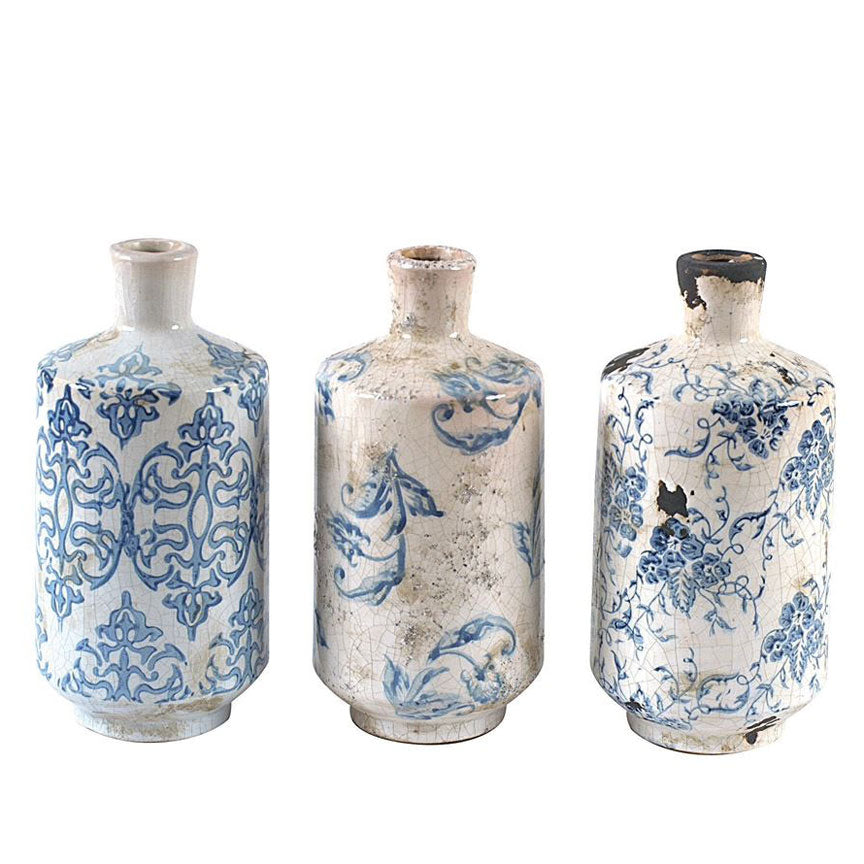 Blue & White Transferware Vase Trio