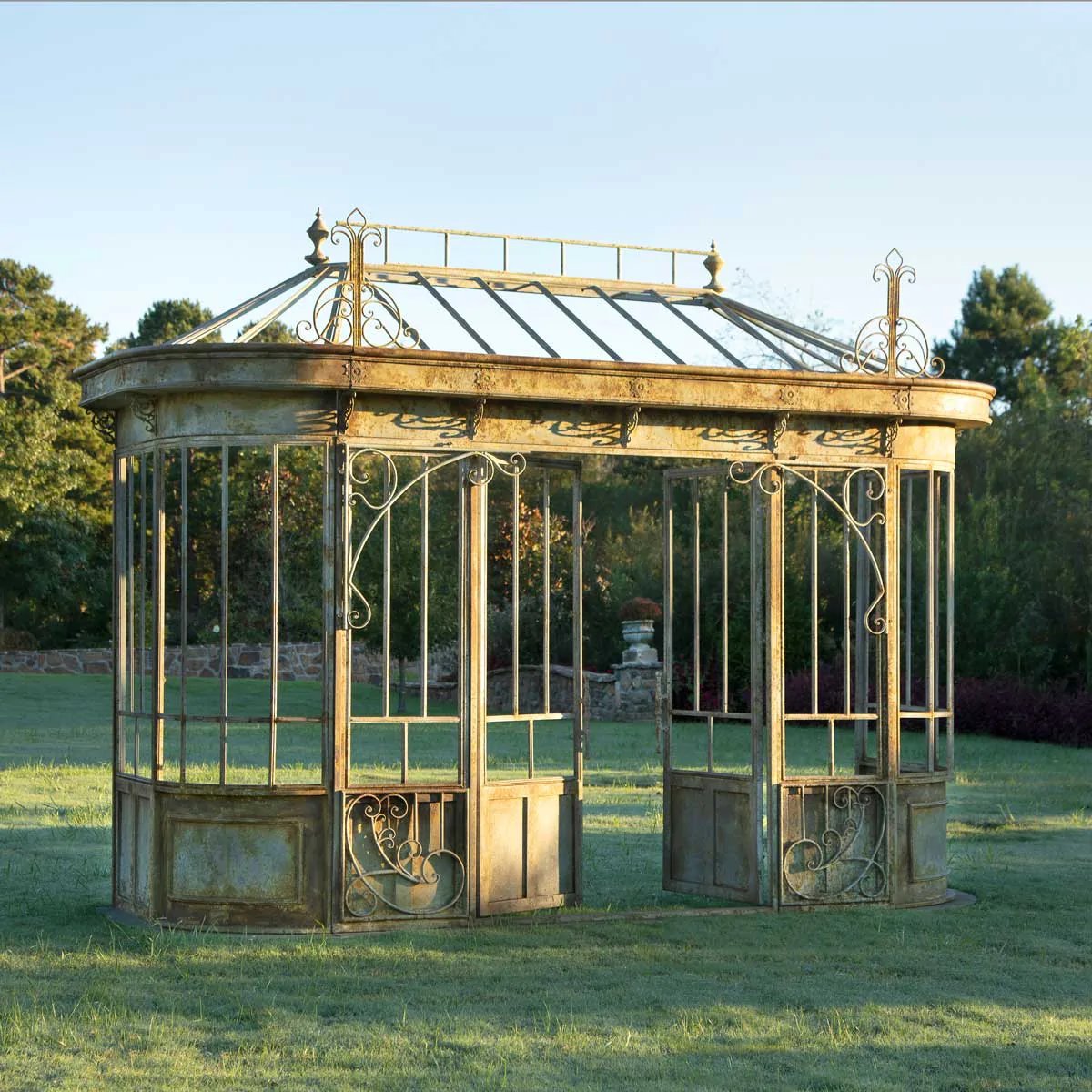 Decorative metal garden gazebo with architectural ironwork