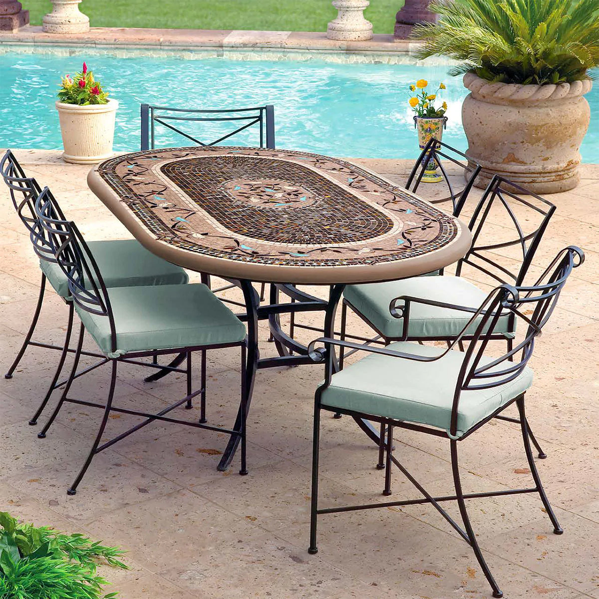 Handcrafted Mosaic Patio Tables by Neille Olson - Iron Accents