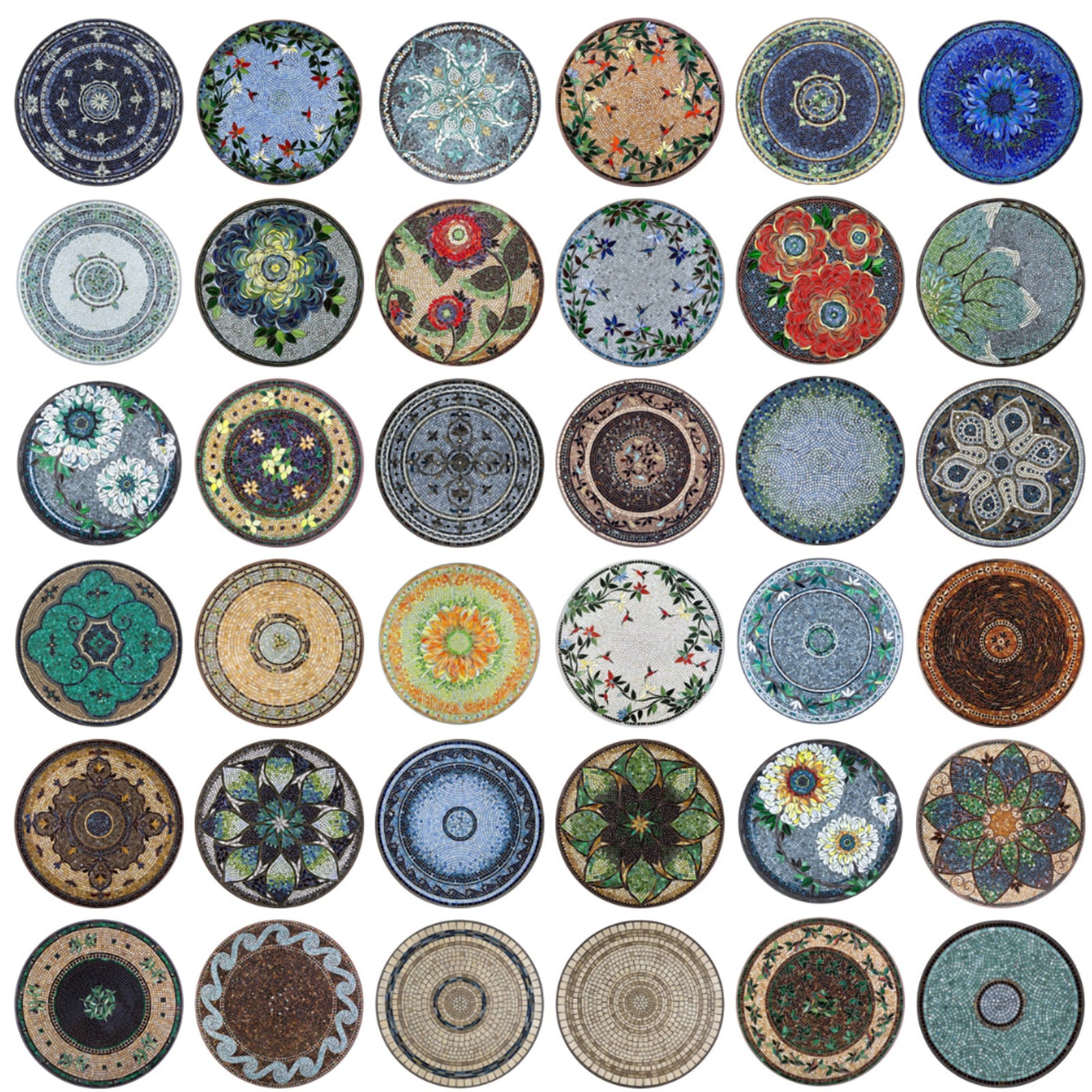 Selection of colorful handcrafted mosaic table top patterns