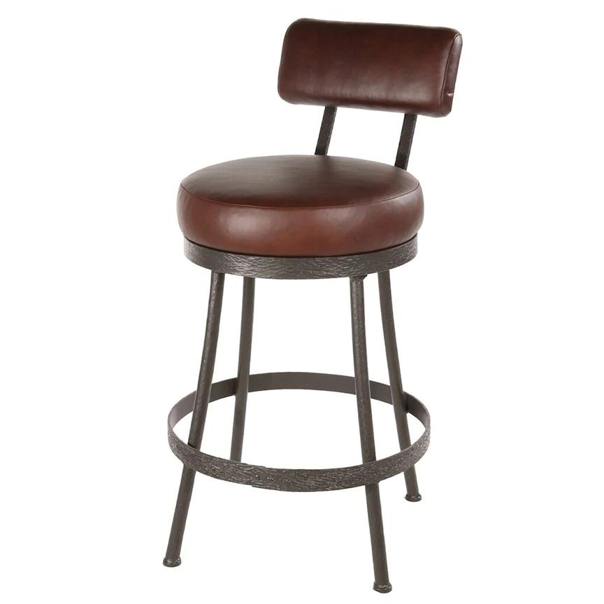 Wrought iron bar stool with leather seat and back