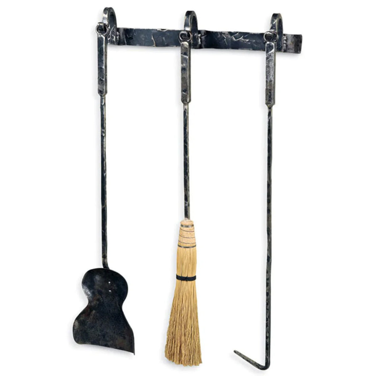 Coordinating wrought iron fireplace tool set
