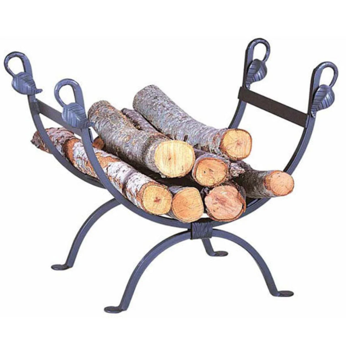 Wrought iron log holder beside a fireplace