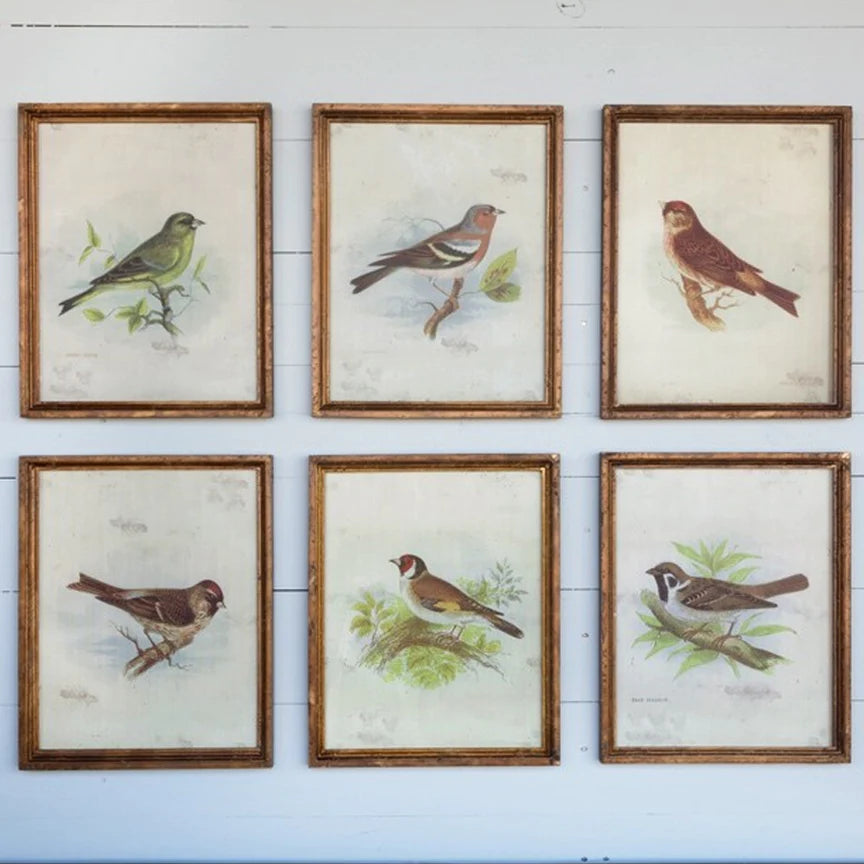 Framed artwork and decorative prints arranged on a wall