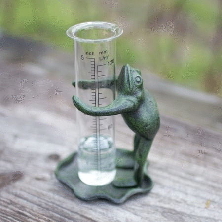 Decorative cast iron garden rain gauge with glass measuring tube