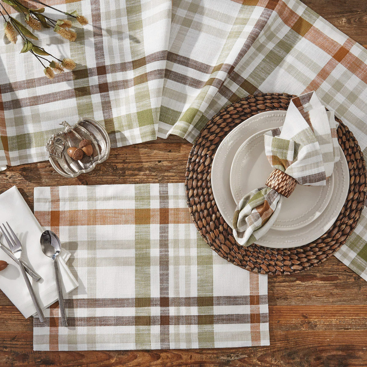 Table linens layered for a warm inviting meal