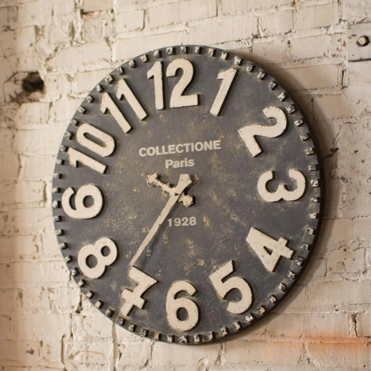 Large decorative wall clock with aged industrial finish