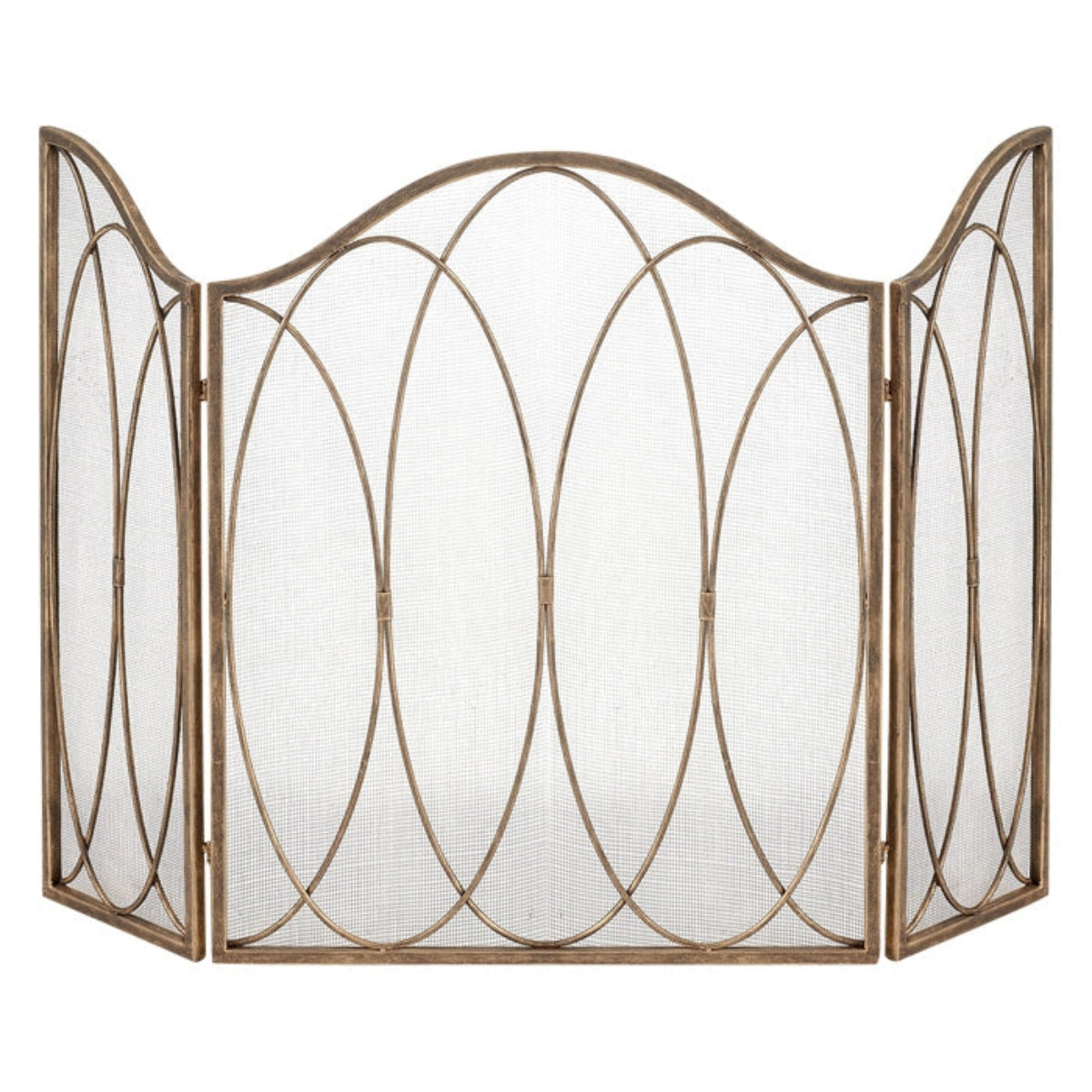 Decorative metal fireplace screen with a white background