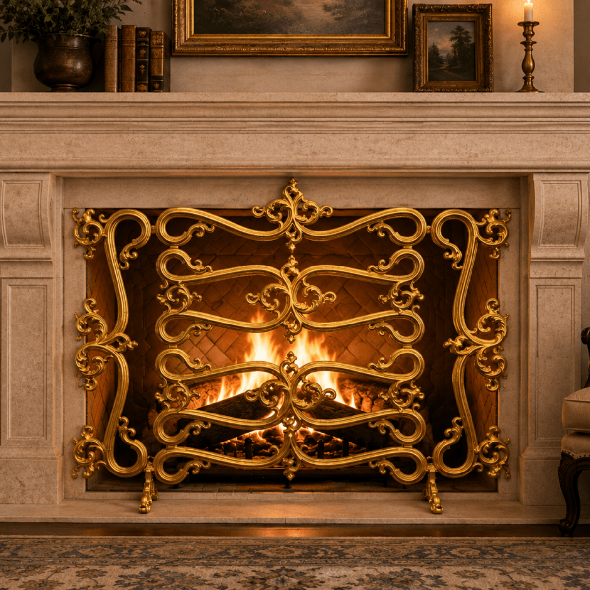 Decorative metal fireguard with intricate designs on a white background
