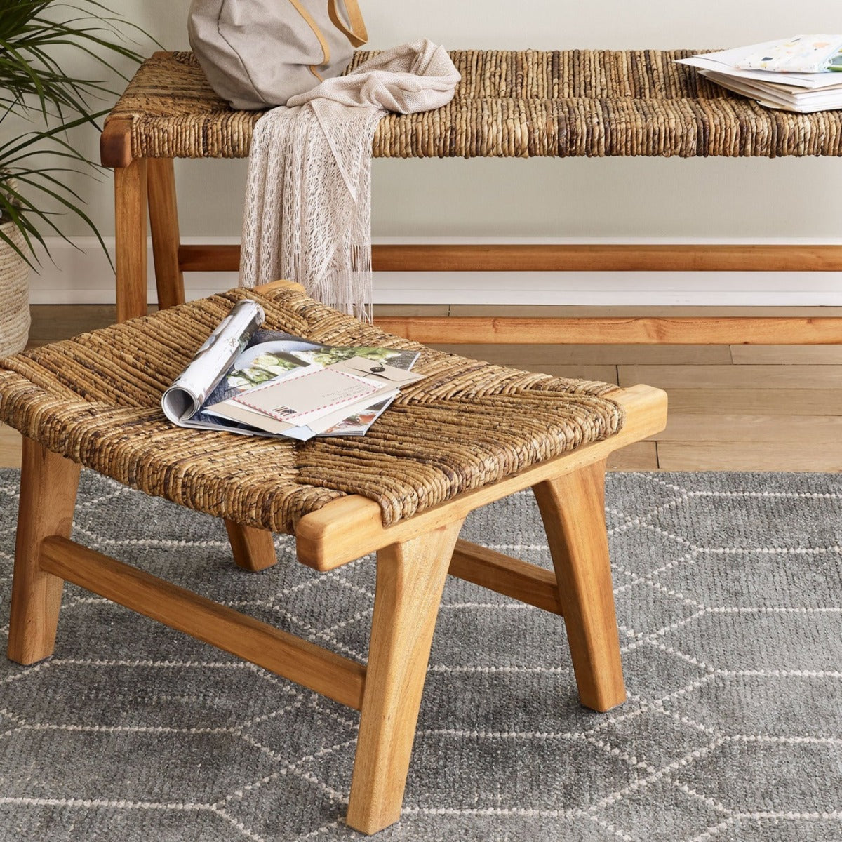 Woven accent stool and ottoman seating