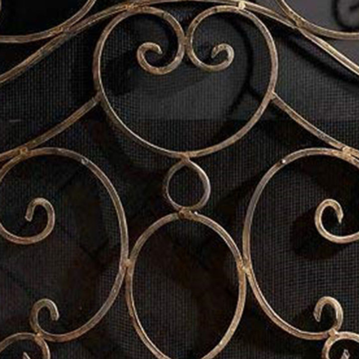 Decorative metal grille with intricate designs on a dark background