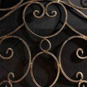 Decorative metal grille with intricate designs on a dark background