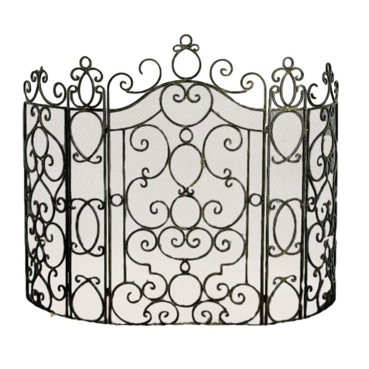 Decorative metal fireplace screen with intricate designs on a white background