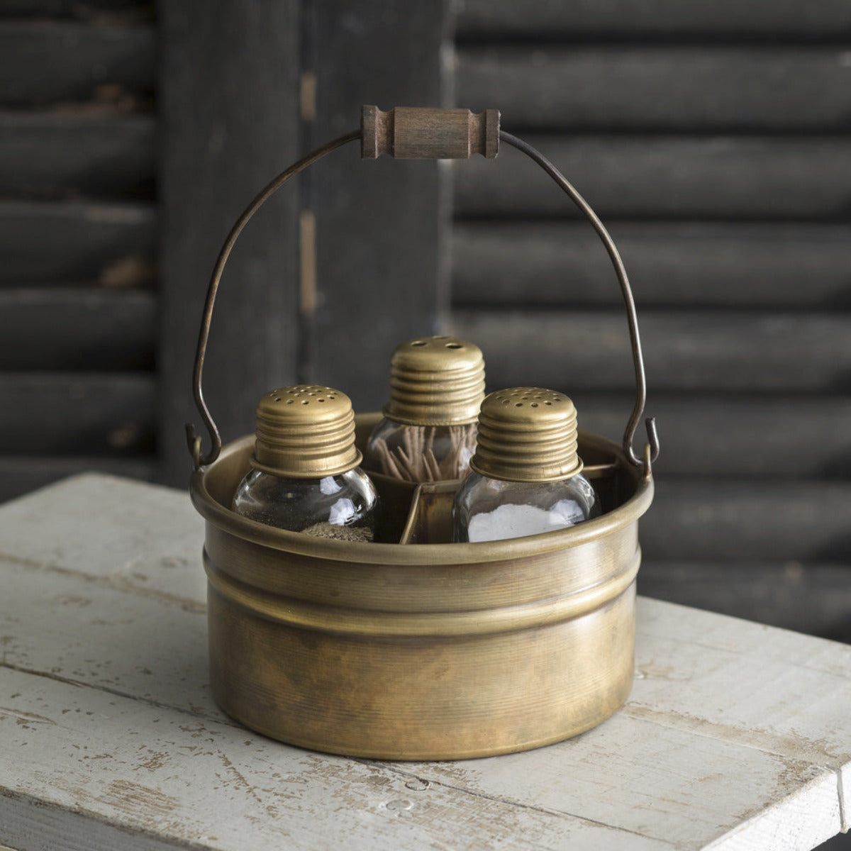 Brass Bucket Salt & Pepper Caddy