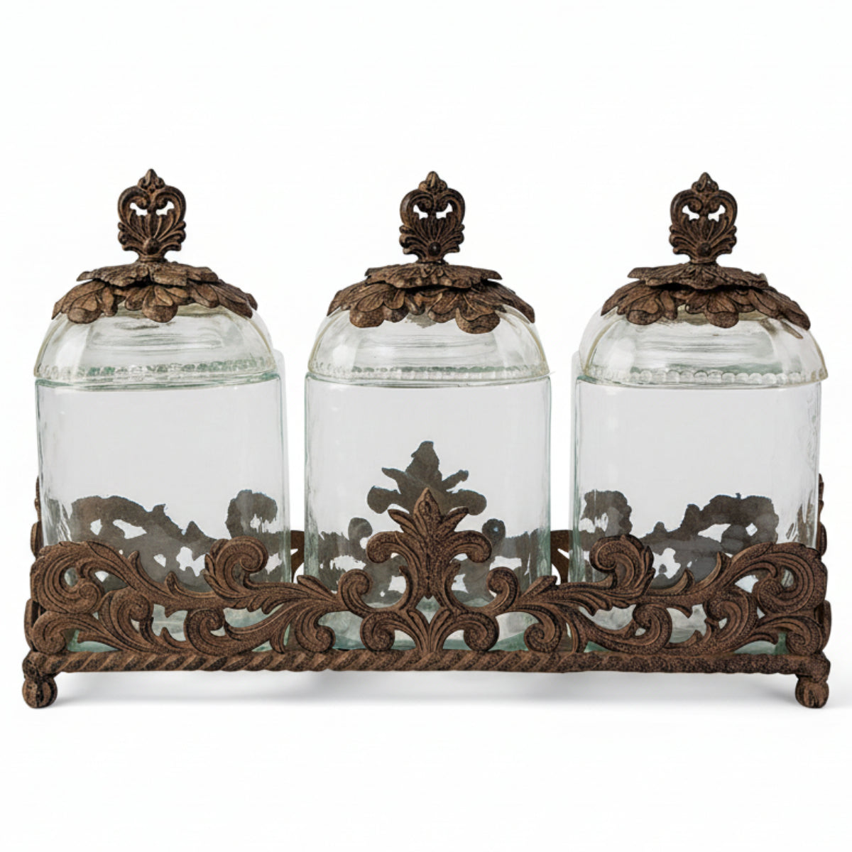 Decorative glass kitchen canisters with metal acanthus details