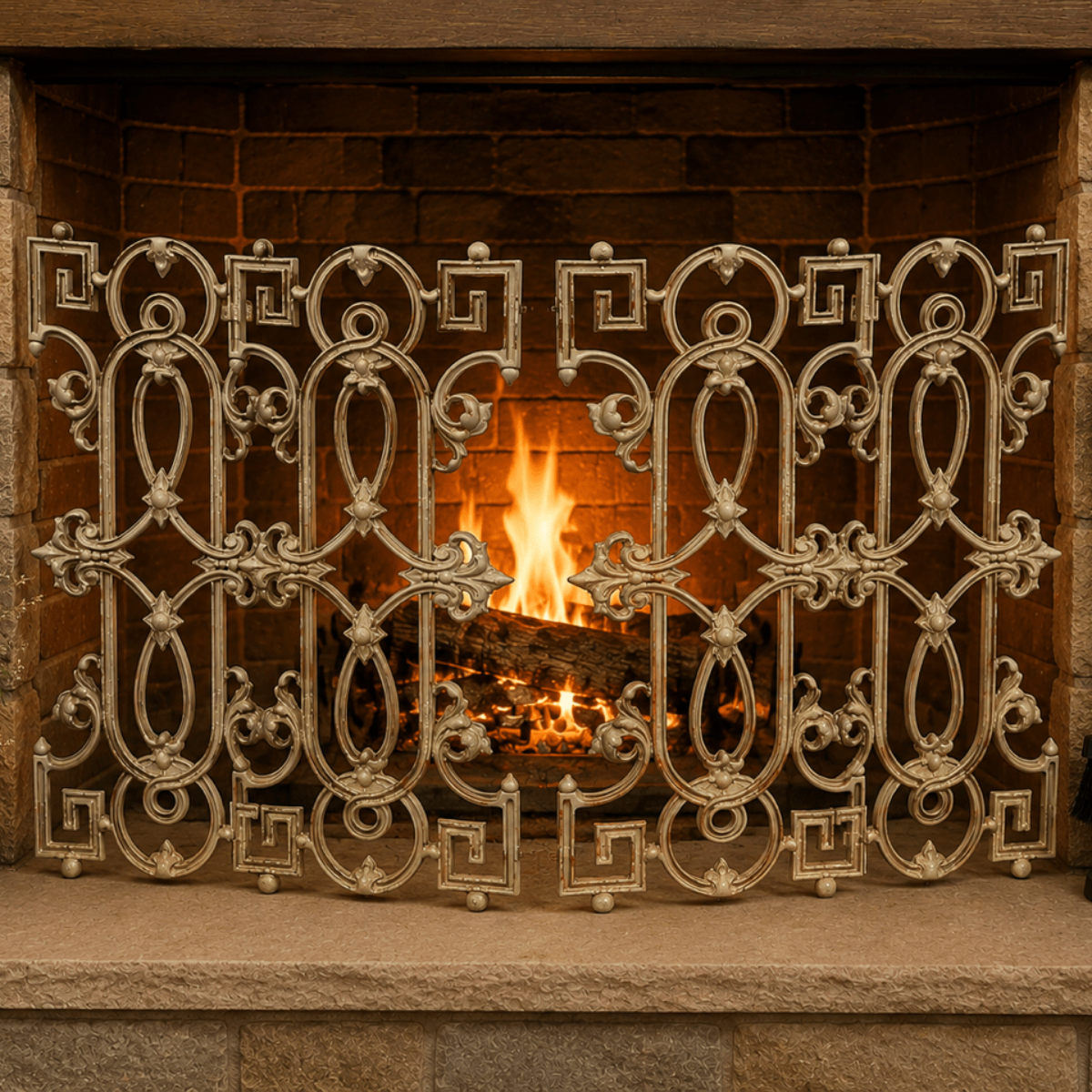 An ornate cream-colored metal fireplace screen with intricate scrollwork and Greek key motifs, standing in front of a brick fireplace with a burning log. A stone hearth sits below, flanked by a potted plant on the left and a black metal fireplace tool set on the right.